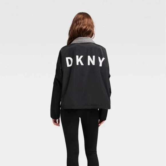 DKNY Jacket Reversible Funnel-Neck Zip-Up Windbreaker Black Gray L